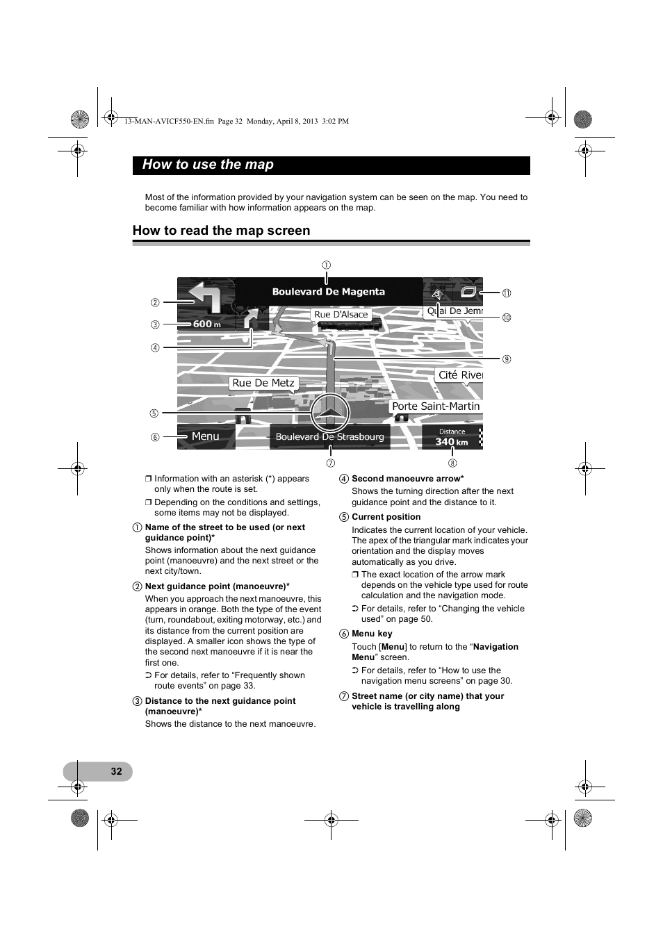 How to use the map, How to read the map screen | Pioneer AVIC-F550BT User Manual | Page 32 / 128