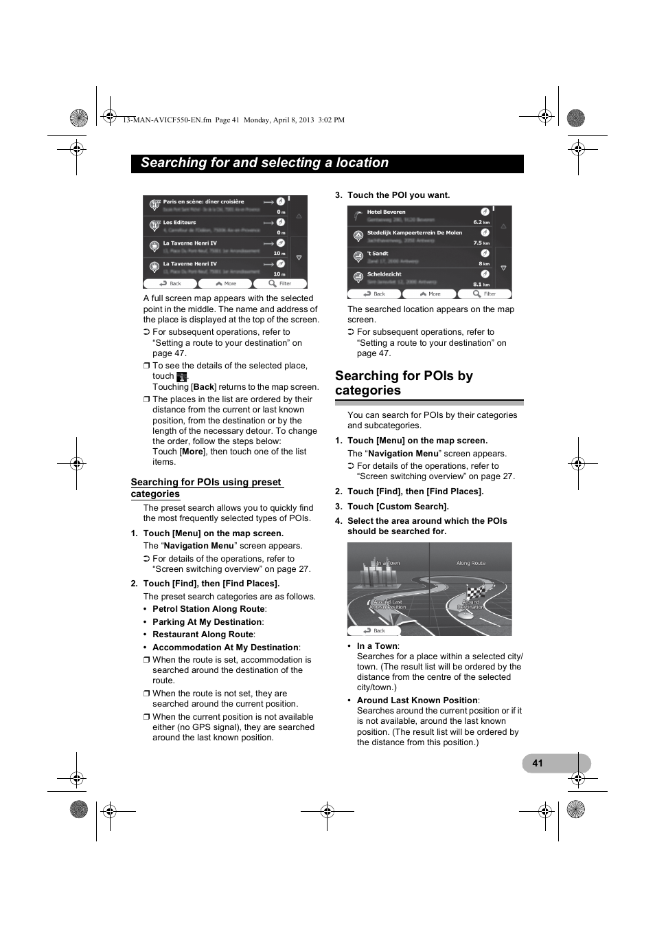 Searching for pois using preset categories, Searching for pois by categories, Searching for pois using | Preset categories, Searching for and selecting a location | Pioneer AVIC-F550BT User Manual | Page 41 / 128