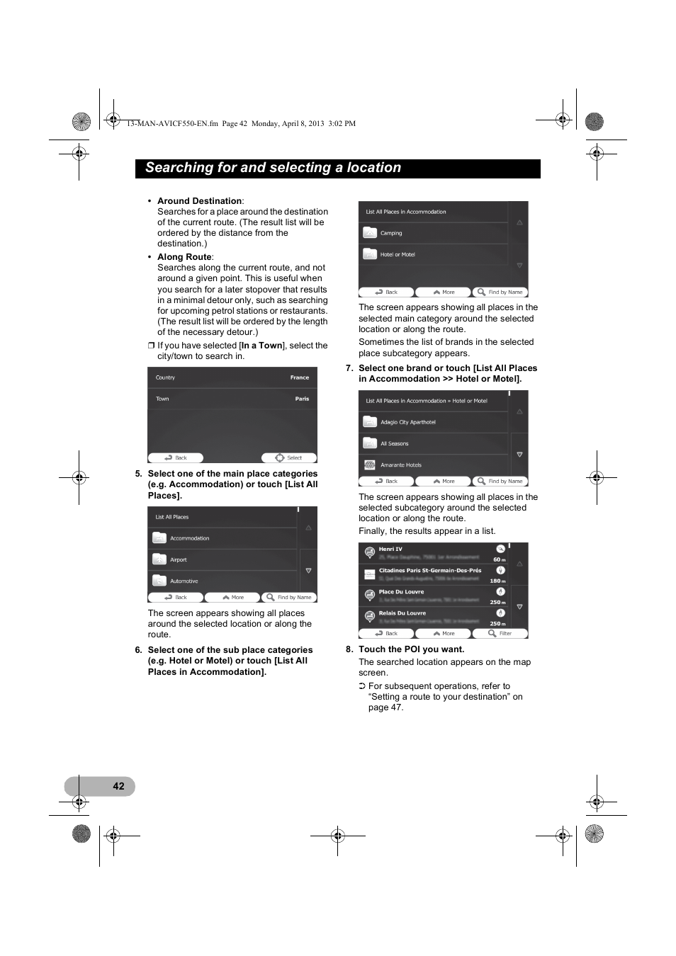 Searching for and selecting a location | Pioneer AVIC-F550BT User Manual | Page 42 / 128