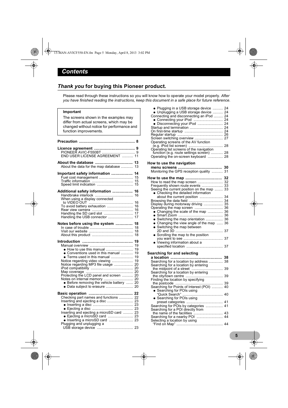 Pioneer AVIC-F550BT User Manual | Page 5 / 128