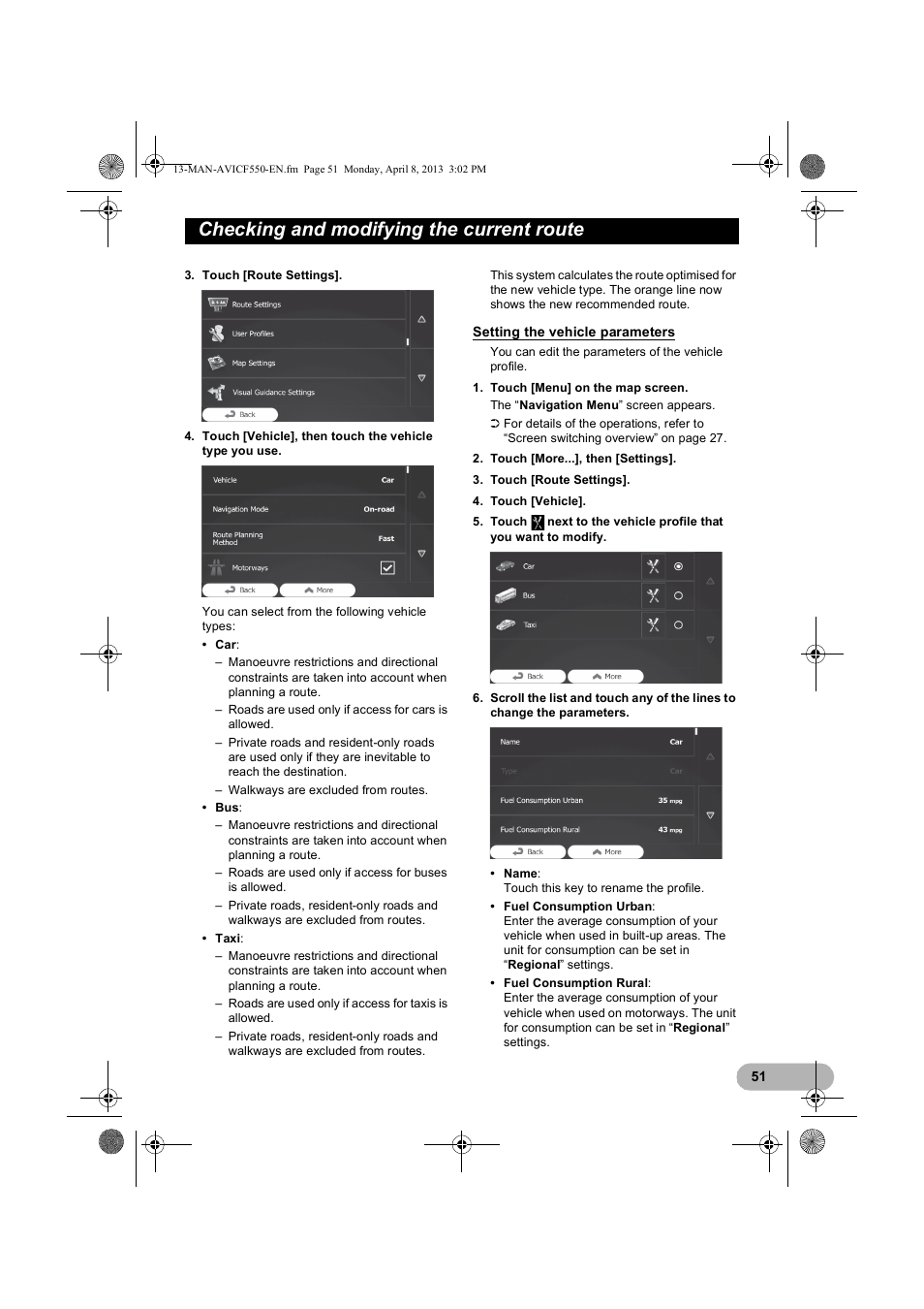 Setting the vehicle parameters, Checking and modifying the current route | Pioneer AVIC-F550BT User Manual | Page 51 / 128