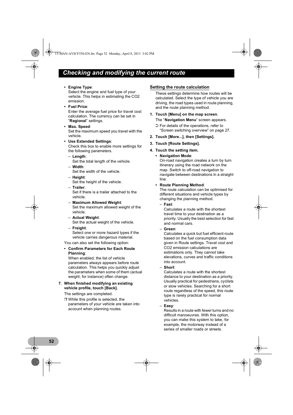 Setting the route calculation, Checking and modifying the current route | Pioneer AVIC-F550BT User Manual | Page 52 / 128