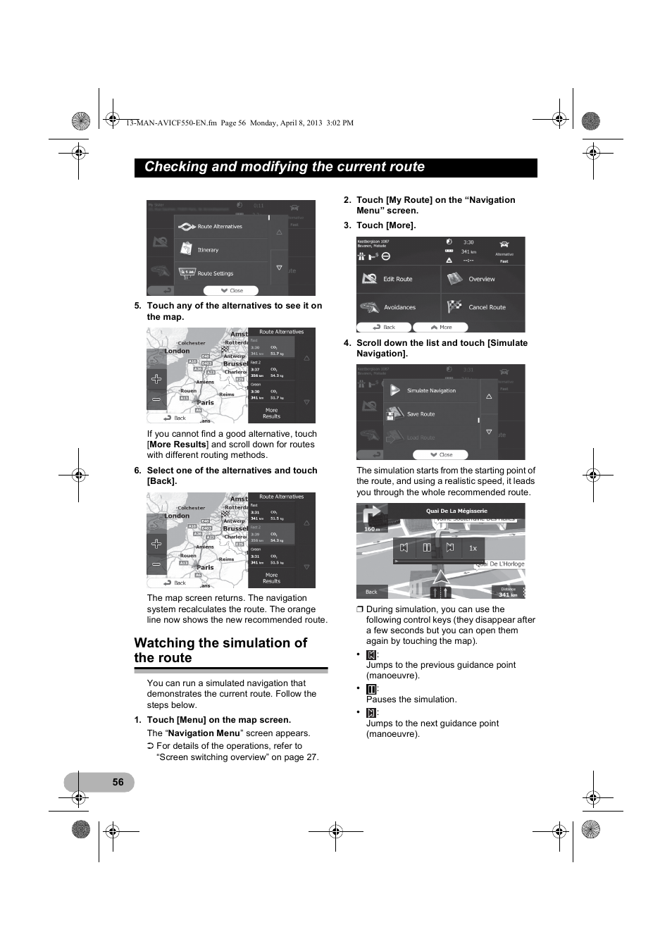 Watching the simulation of the route, Checking and modifying the current route | Pioneer AVIC-F550BT User Manual | Page 56 / 128