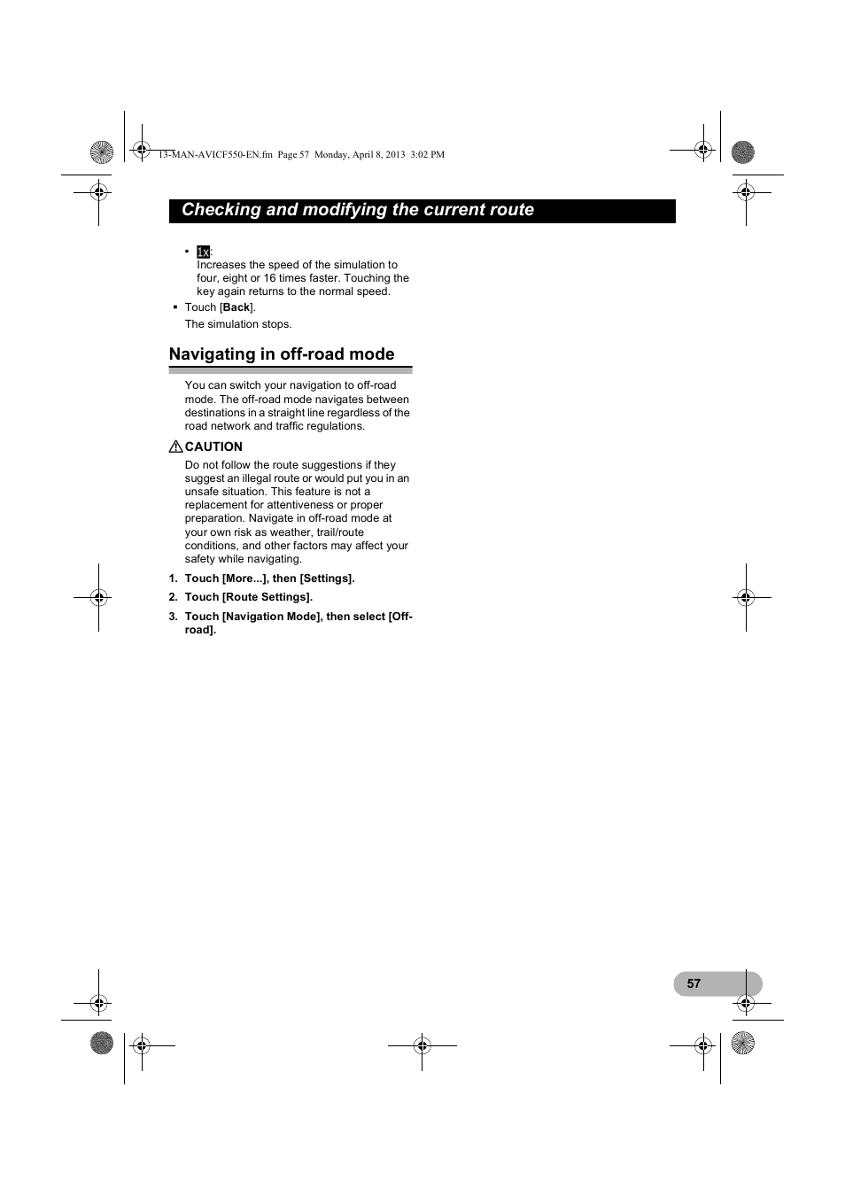 Navigating in off-road mode, Checking and modifying the current route | Pioneer AVIC-F550BT User Manual | Page 57 / 128