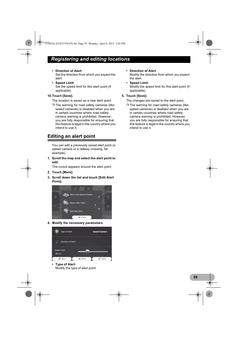 Editing an alert point, Registering and editing locations | Pioneer AVIC-F550BT User Manual | Page 59 / 128