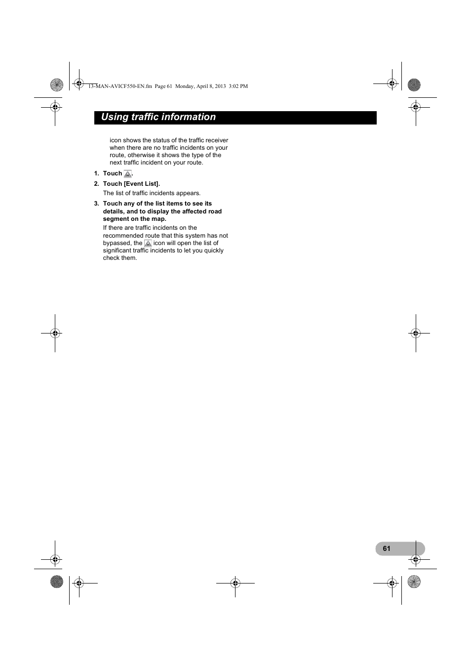 Using traffic information | Pioneer AVIC-F550BT User Manual | Page 61 / 128