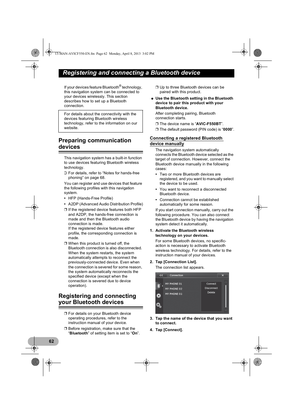 Registering and connecting a bluetooth device, Preparing communication devices, Registering and connecting your bluetooth devices | Connecting a registered bluetooth device manually, Registering and connecting, A bluetooth device, Registering and connecting your, Bluetooth devices, Connecting a registered bluetooth, Device manually | Pioneer AVIC-F550BT User Manual | Page 62 / 128