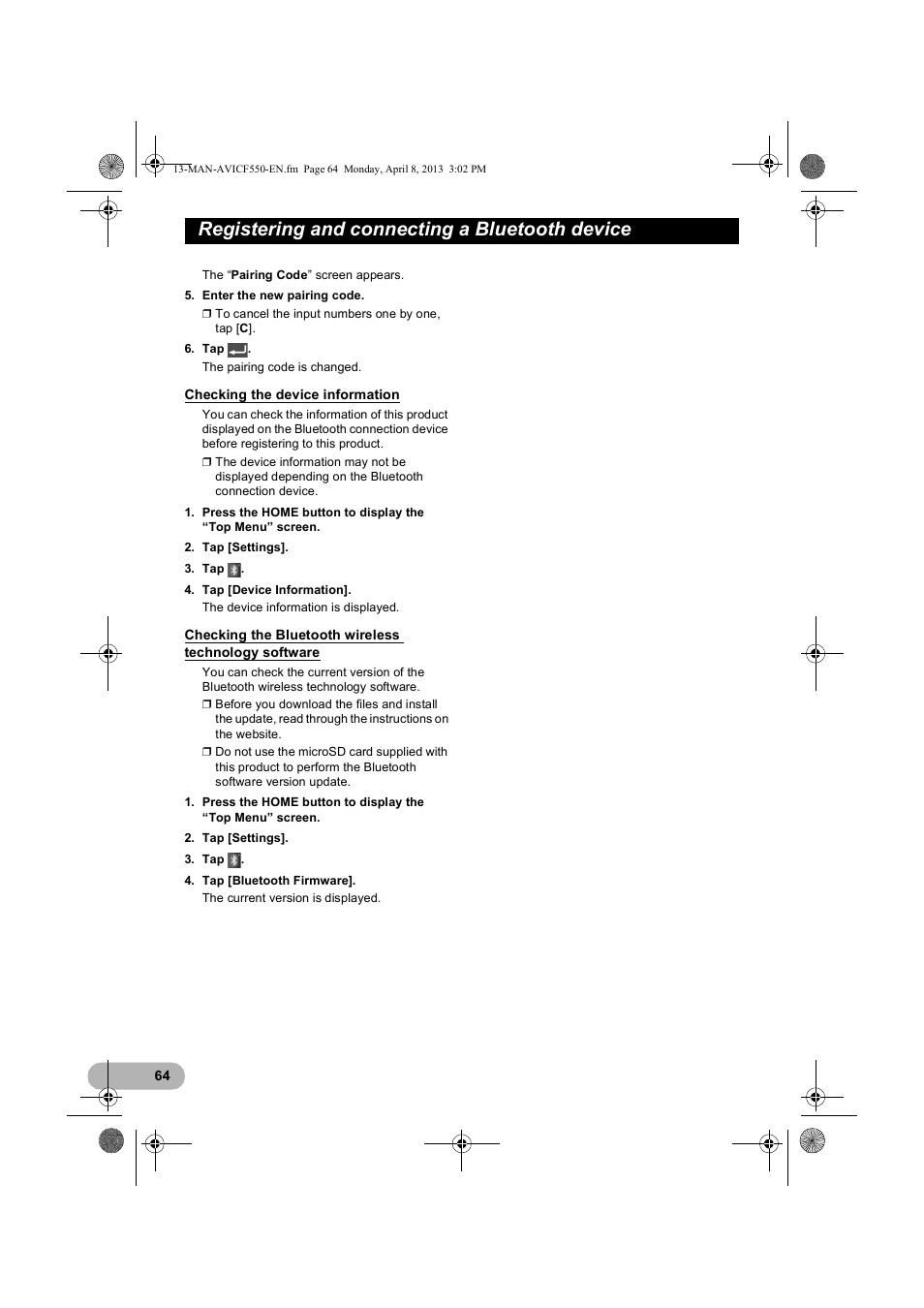 Checking the device information, Checking the bluetooth wireless, Technology software | Registering and connecting a bluetooth device | Pioneer AVIC-F550BT User Manual | Page 64 / 128