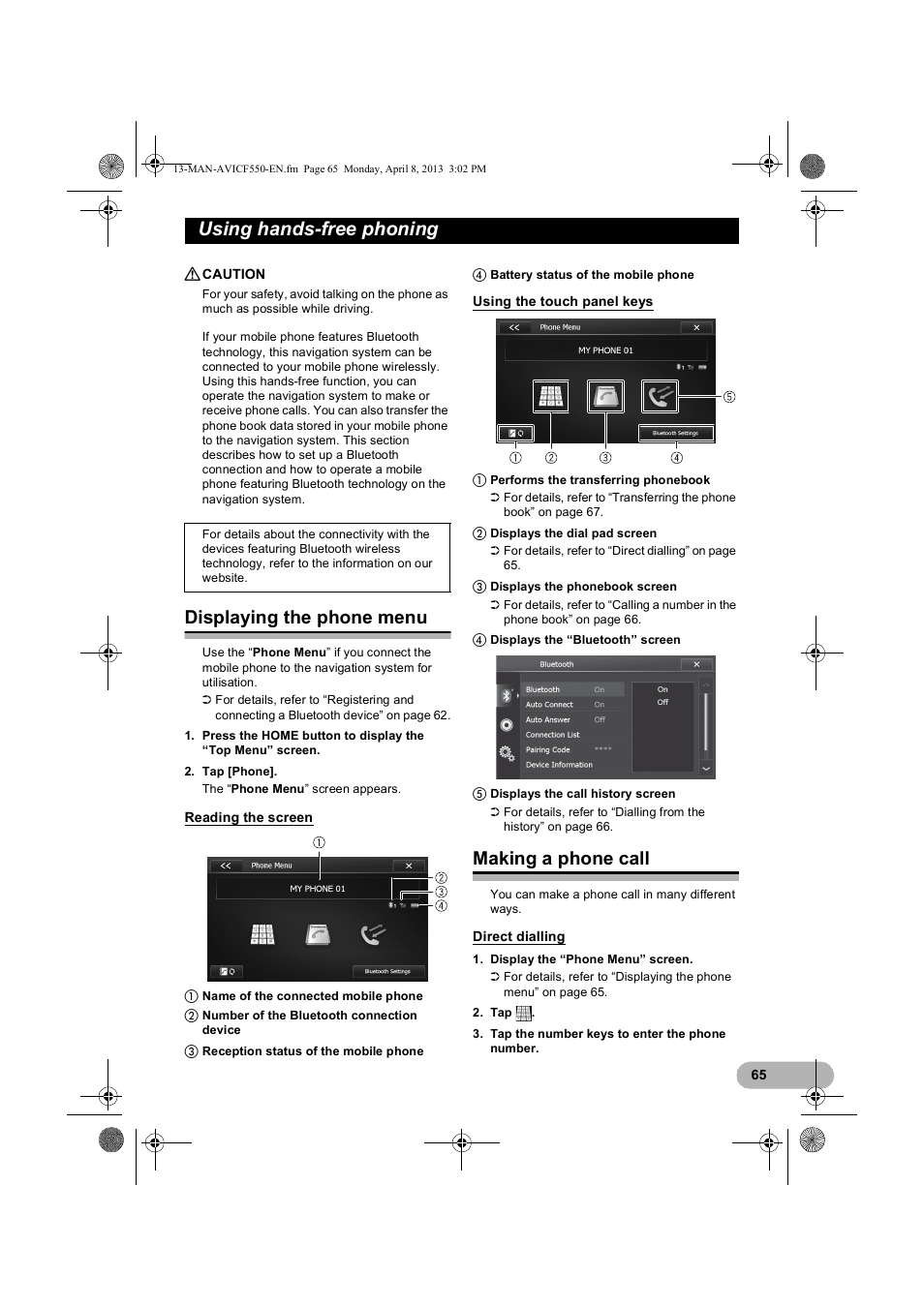 Using hands-free phoning, Displaying the phone menu, Reading the screen | Using the touch panel keys, Making a phone call, Direct dialling | Pioneer AVIC-F550BT User Manual | Page 65 / 128