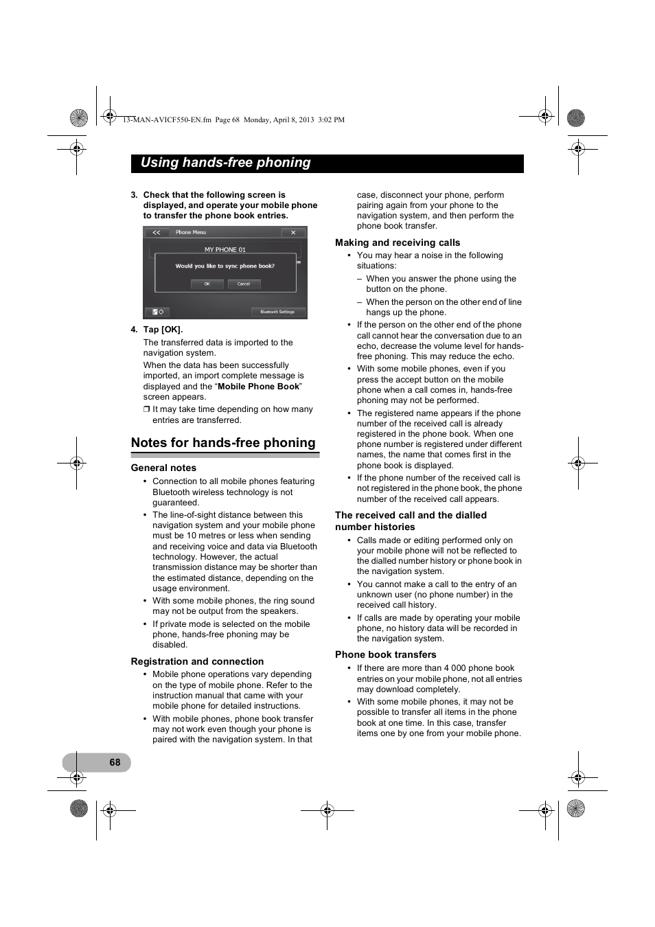 Notes for hands-free phoning, Notes for h, Using hands-free phoning | Pioneer AVIC-F550BT User Manual | Page 68 / 128