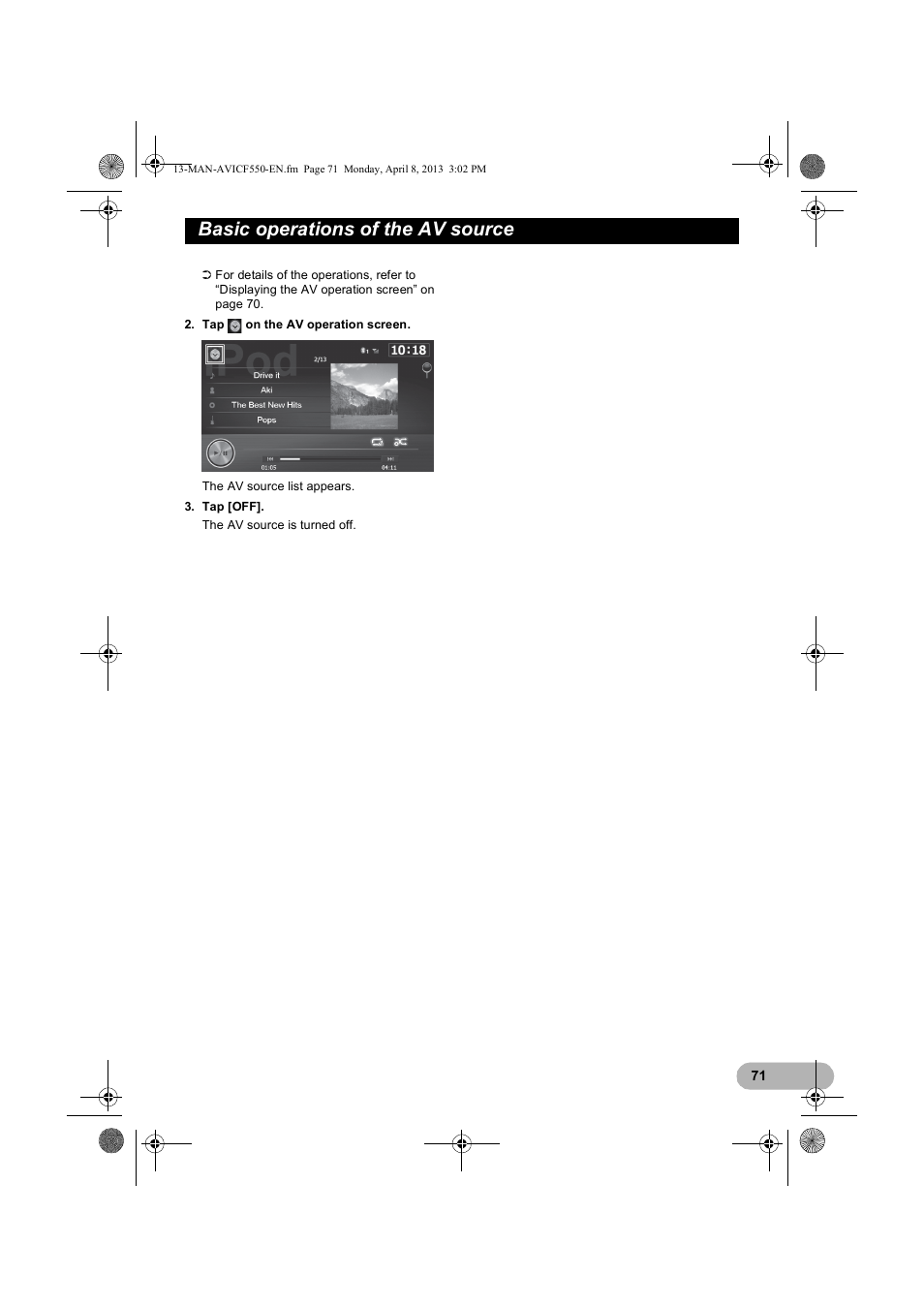 Basic operations of the av source | Pioneer AVIC-F550BT User Manual | Page 71 / 128