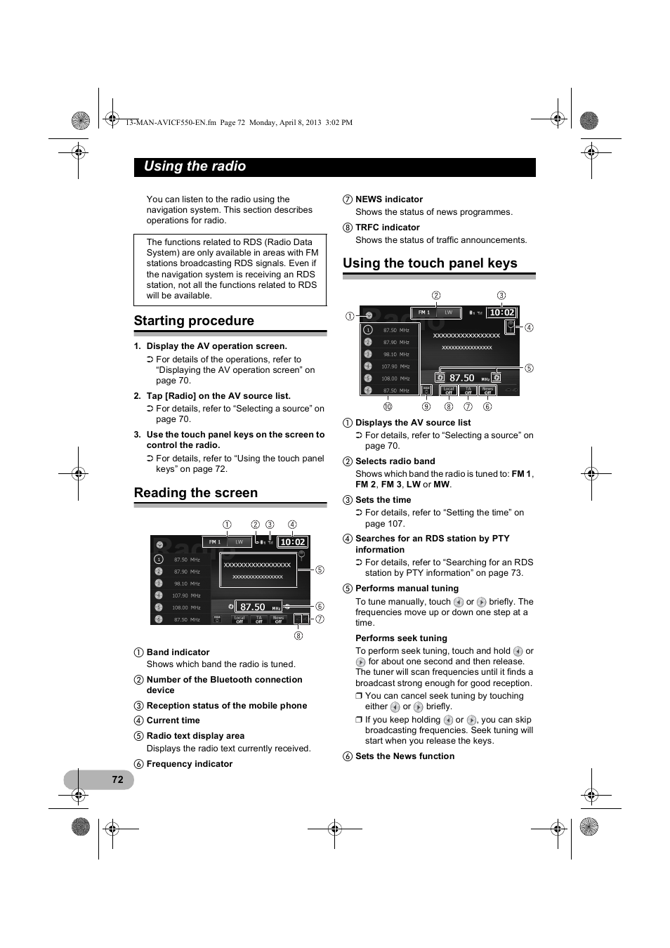 Using the radio, Starting procedure, Reading the screen | Using the touch panel keys | Pioneer AVIC-F550BT User Manual | Page 72 / 128