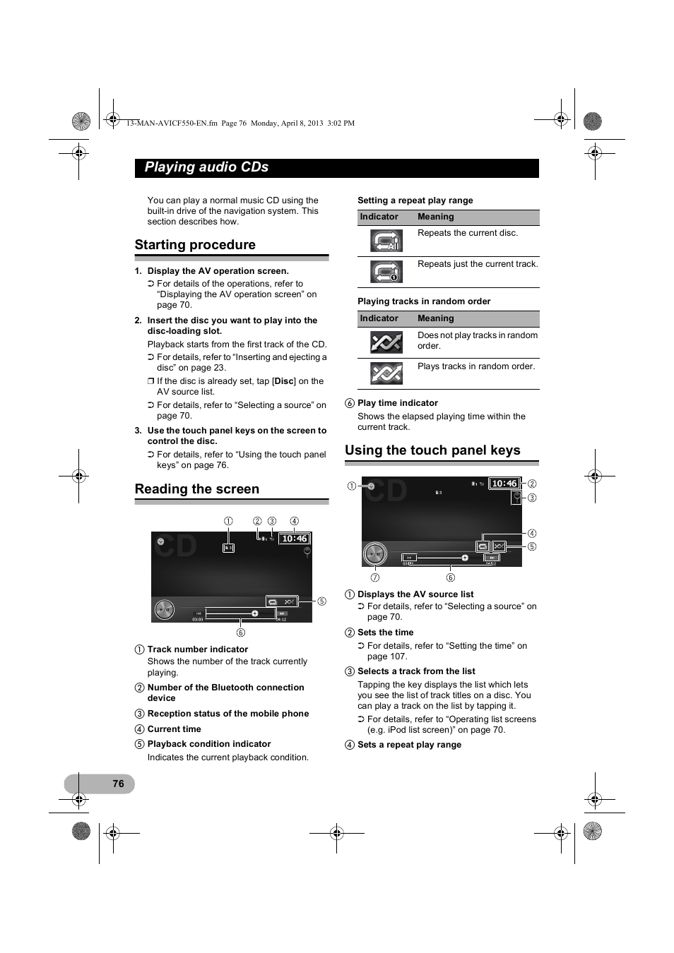 Playing audio cds, Starting procedure, Reading the screen | Using the touch panel keys | Pioneer AVIC-F550BT User Manual | Page 76 / 128