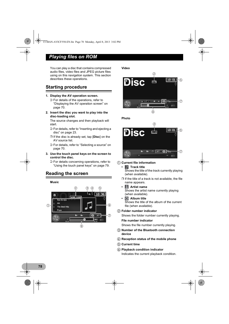 Playing files on rom, Starting procedure, Reading the screen | Pioneer AVIC-F550BT User Manual | Page 78 / 128