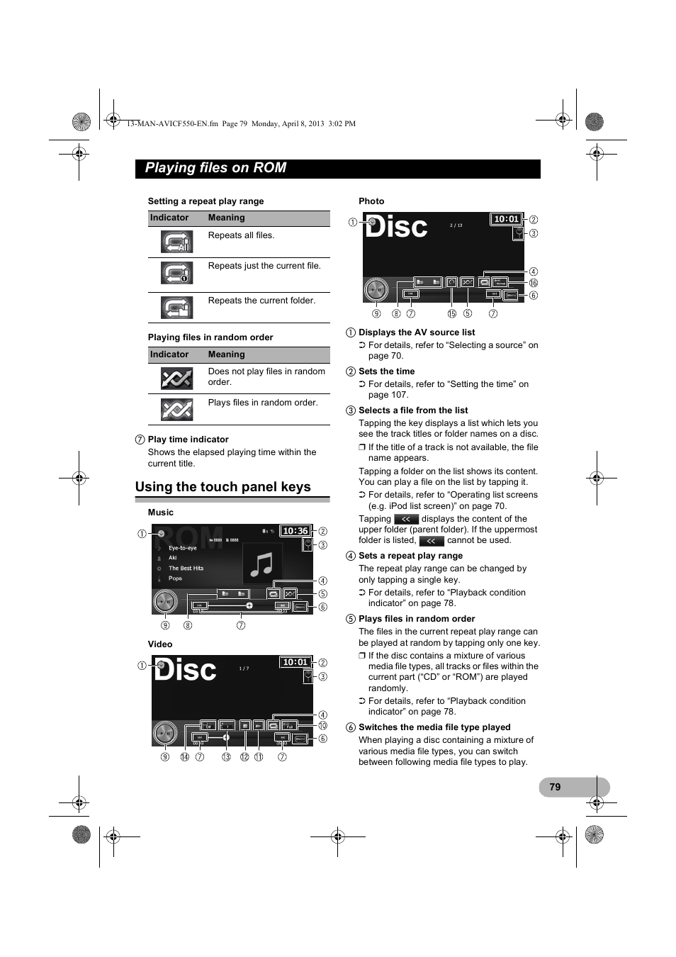 Using the touch panel keys, Playing files on rom | Pioneer AVIC-F550BT User Manual | Page 79 / 128