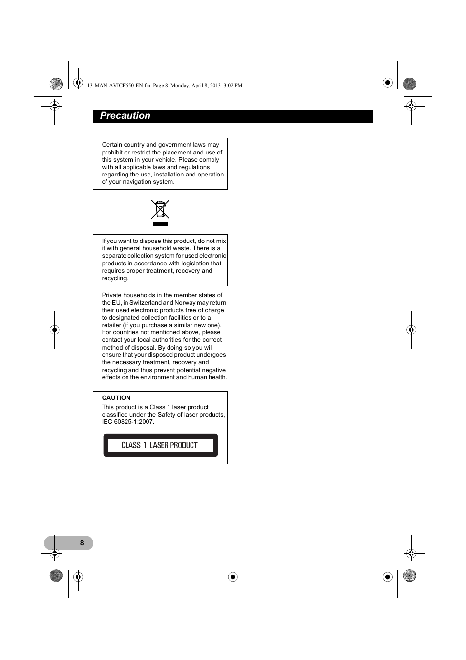 Precaution | Pioneer AVIC-F550BT User Manual | Page 8 / 128