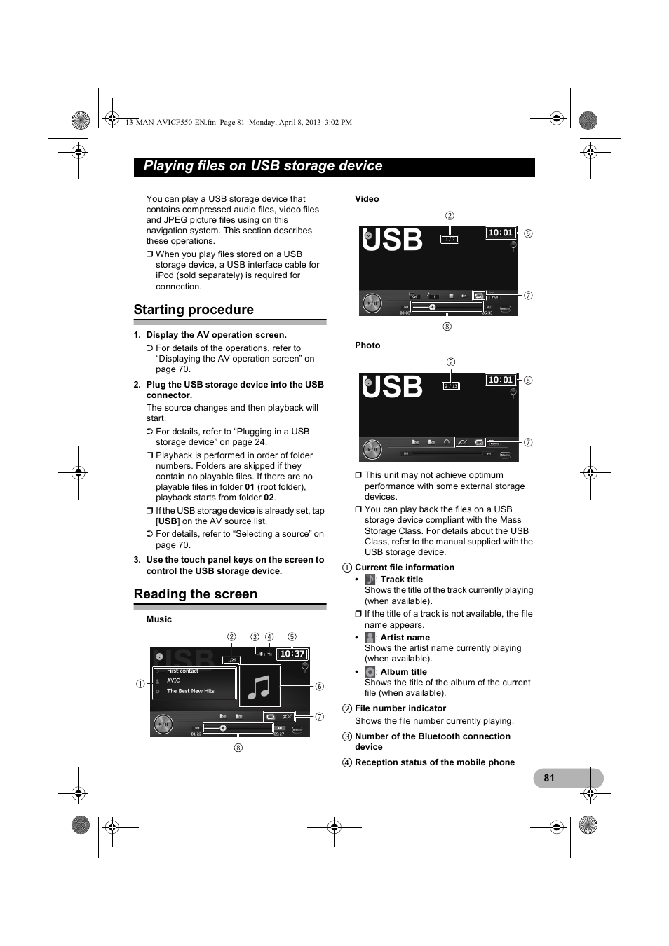 Playing files on usb storage device, Starting procedure, Reading the screen | Pioneer AVIC-F550BT User Manual | Page 81 / 128