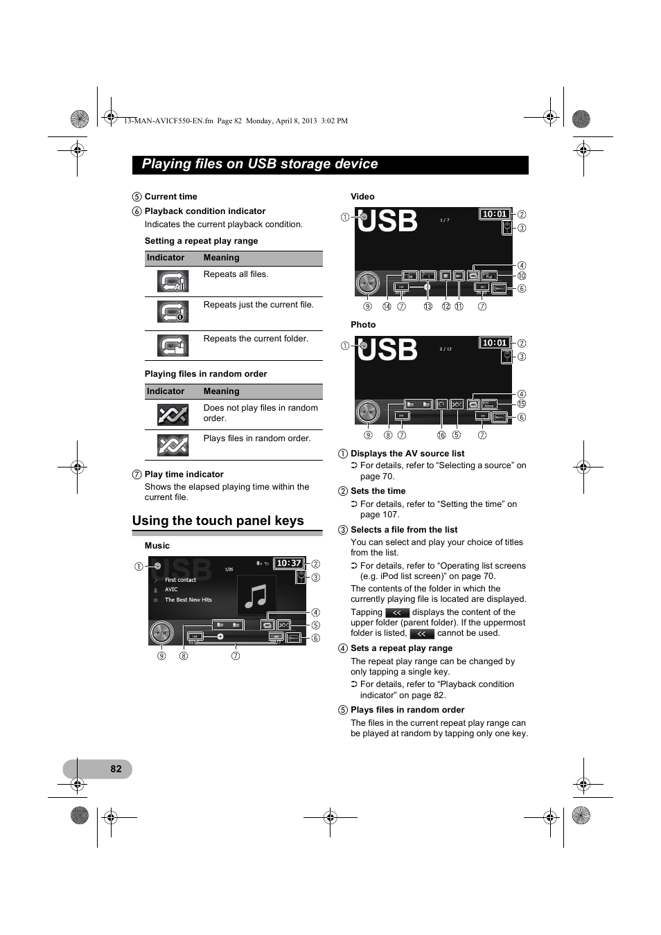 Using the touch panel keys, Playing files on usb storage device | Pioneer AVIC-F550BT User Manual | Page 82 / 128