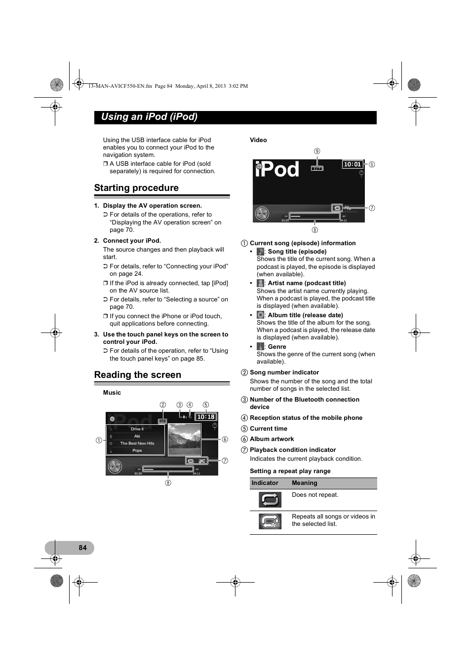 Using an ipod (ipod), Starting procedure, Reading the screen | Using an | Pioneer AVIC-F550BT User Manual | Page 84 / 128