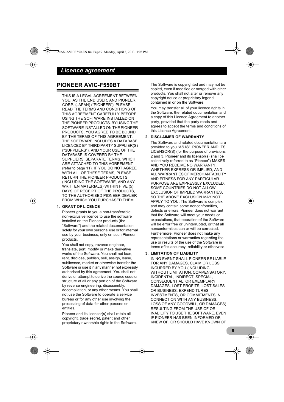 Licence agreement, Pioneer avic-f550bt, Pioneer avic | Pioneer AVIC-F550BT User Manual | Page 9 / 128
