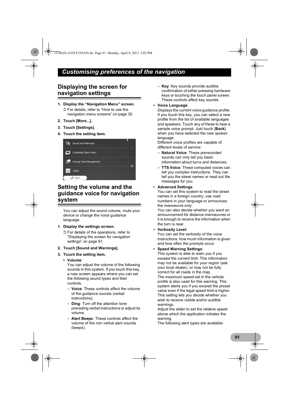Customising preferences of the navigation, Displaying the screen for navigation settings, Customising preferences of | The navigation, Displaying the screen for, Navigation settings, Setting the volume and the guidance, Voice for navigation system | Pioneer AVIC-F550BT User Manual | Page 91 / 128
