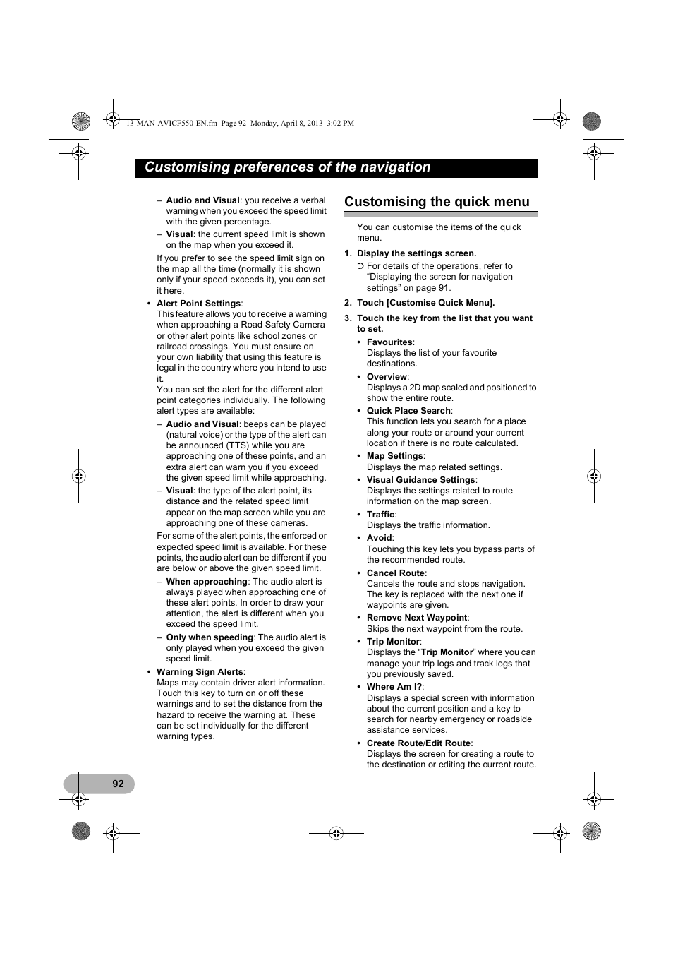 Customising the quick menu, Customising the quick menu” on, Customising preferences of the navigation | Pioneer AVIC-F550BT User Manual | Page 92 / 128