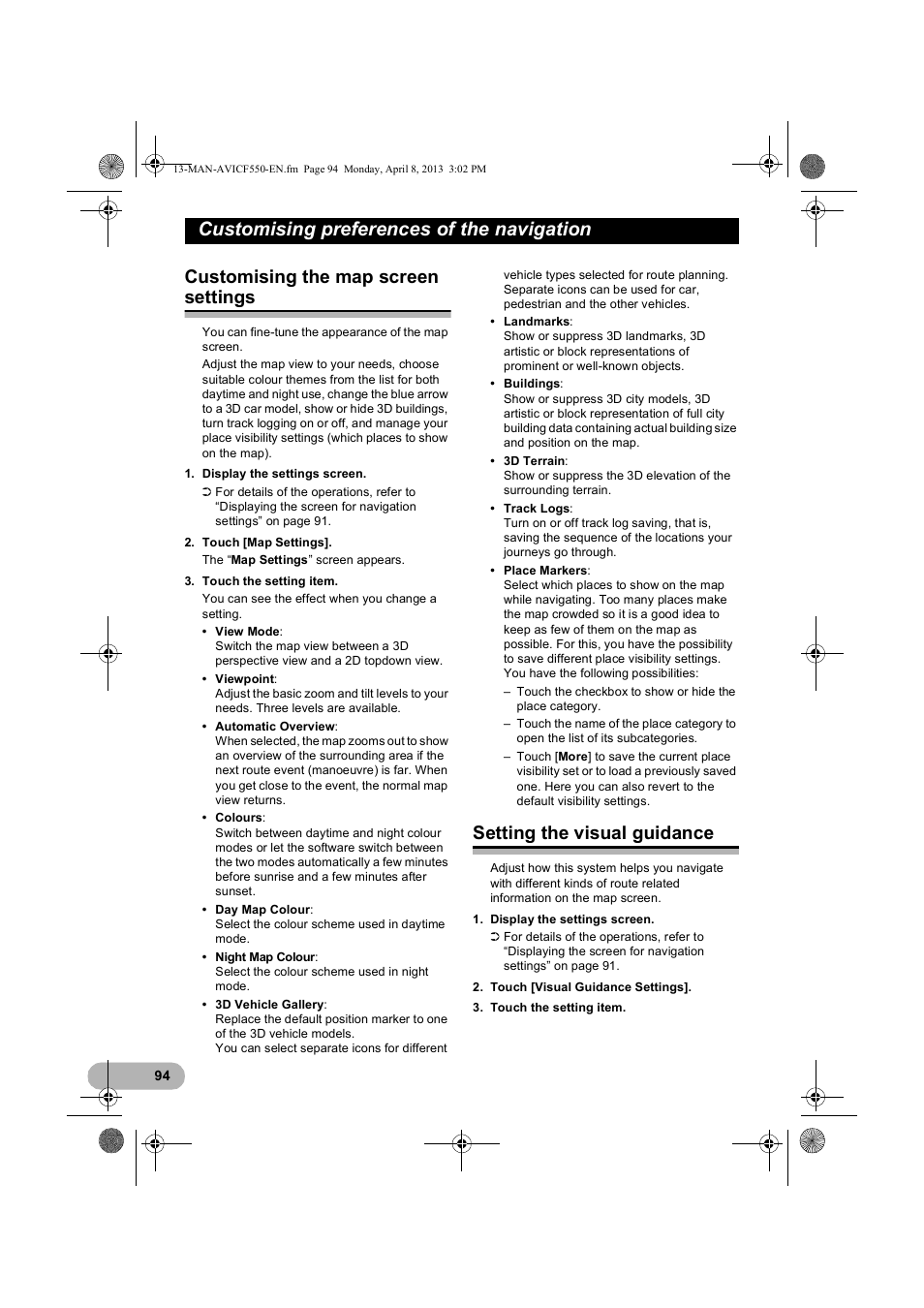 Customising the map screen settings, Setting the visual guidance, Setting the visual guidance” o | Customising preferences of the navigation | Pioneer AVIC-F550BT User Manual | Page 94 / 128