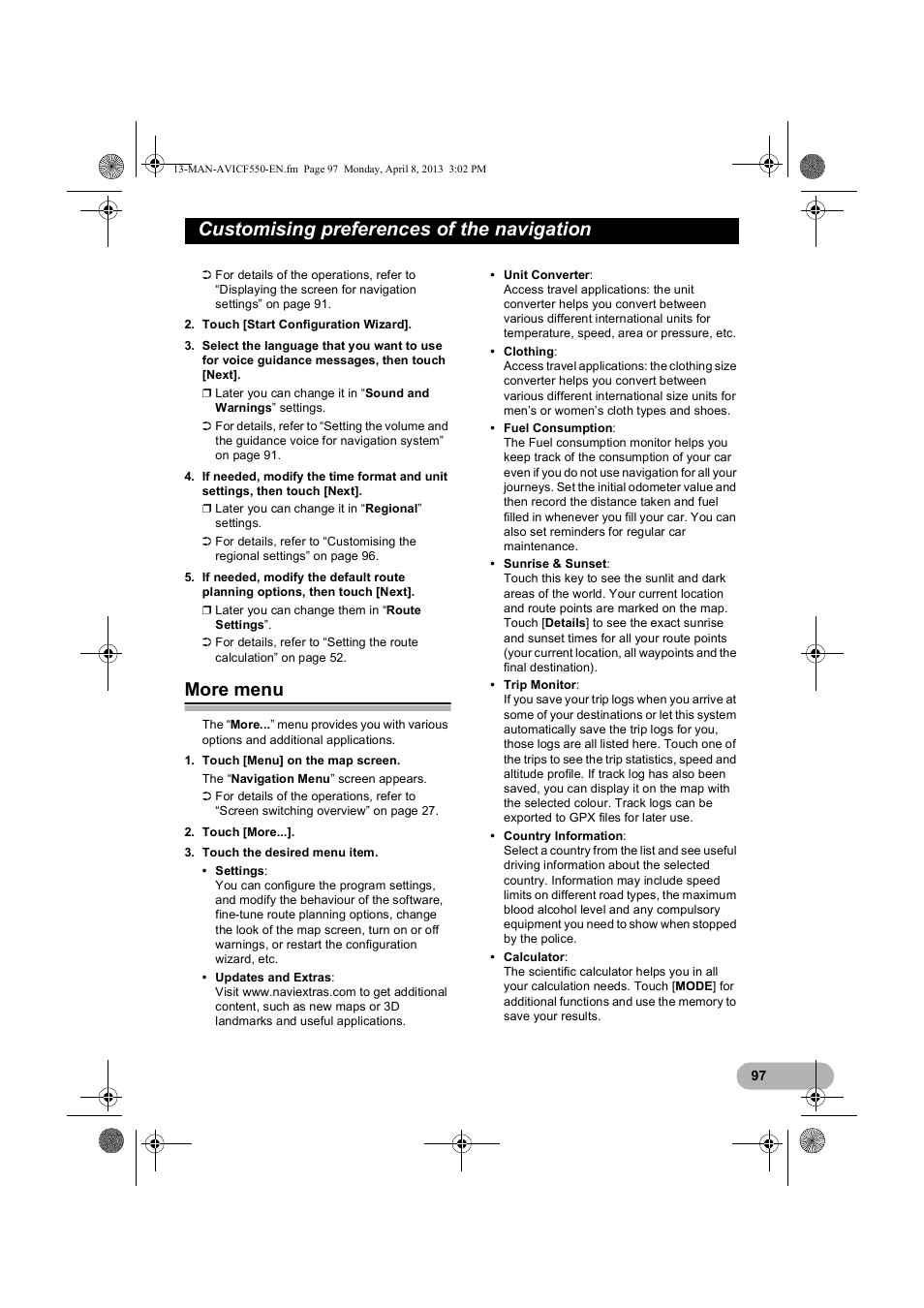 More menu, Customising preferences of the navigation | Pioneer AVIC-F550BT User Manual | Page 97 / 128