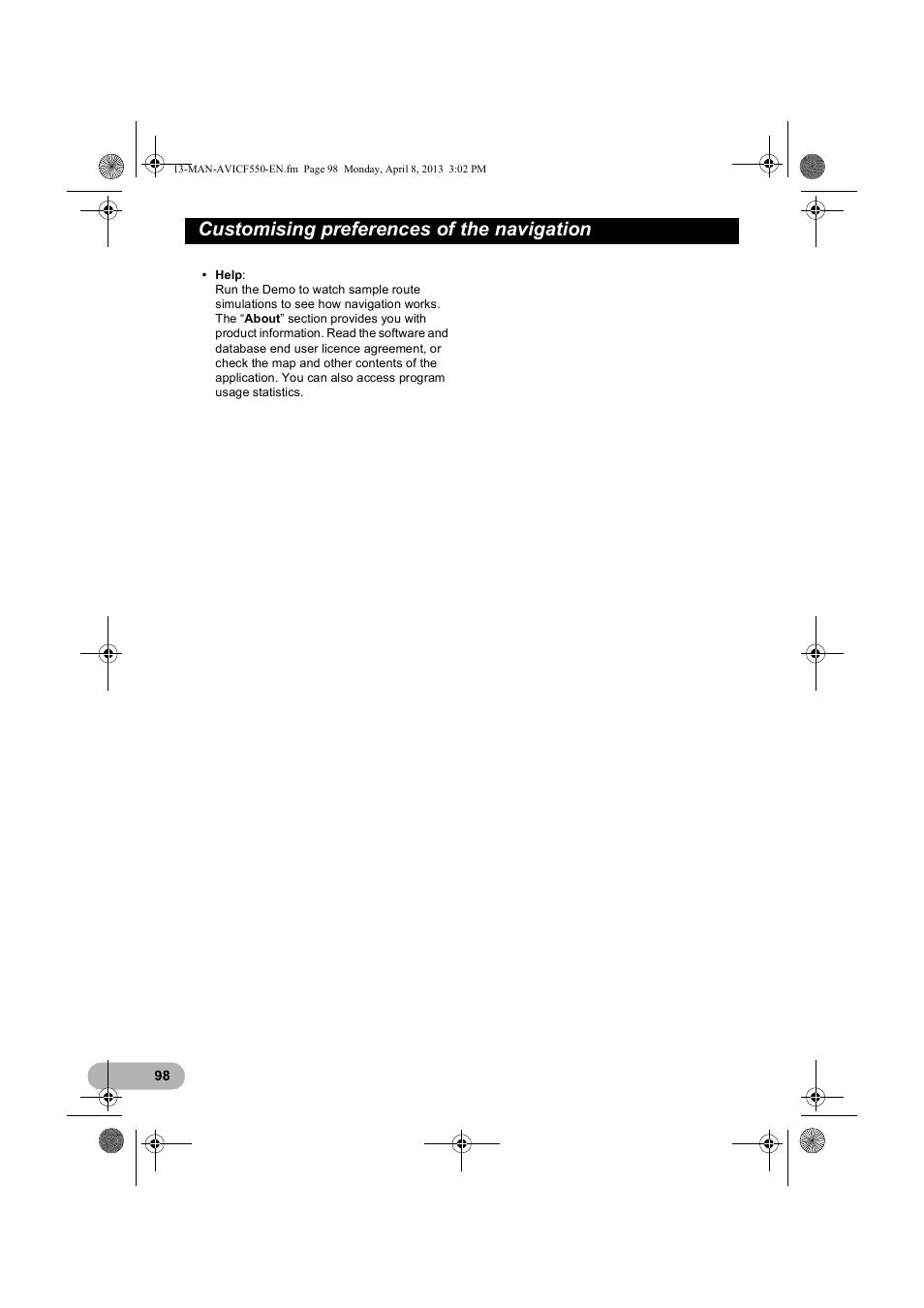 Customising preferences of the navigation | Pioneer AVIC-F550BT User Manual | Page 98 / 128