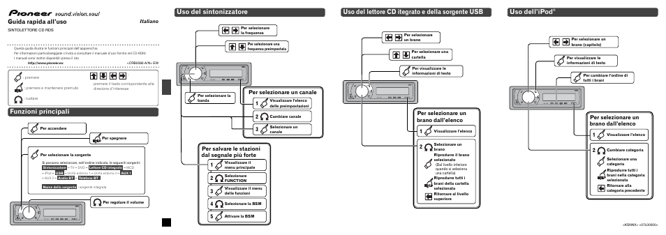 Deh-p700bt, Funzioni principali, Uso del sintonizzatore | Uso del lettore cd itegrato e della sorgente usb, Uso dell’ipod, Guida rapida all’uso, Per salvare le stazioni dal segnale più forte, Per selezionare un canale, Per selezionare un brano dall’elenco, Per selezionare un brano dall’elenco 1 | Pioneer DEH-P700BT User Manual | Page 9 / 14