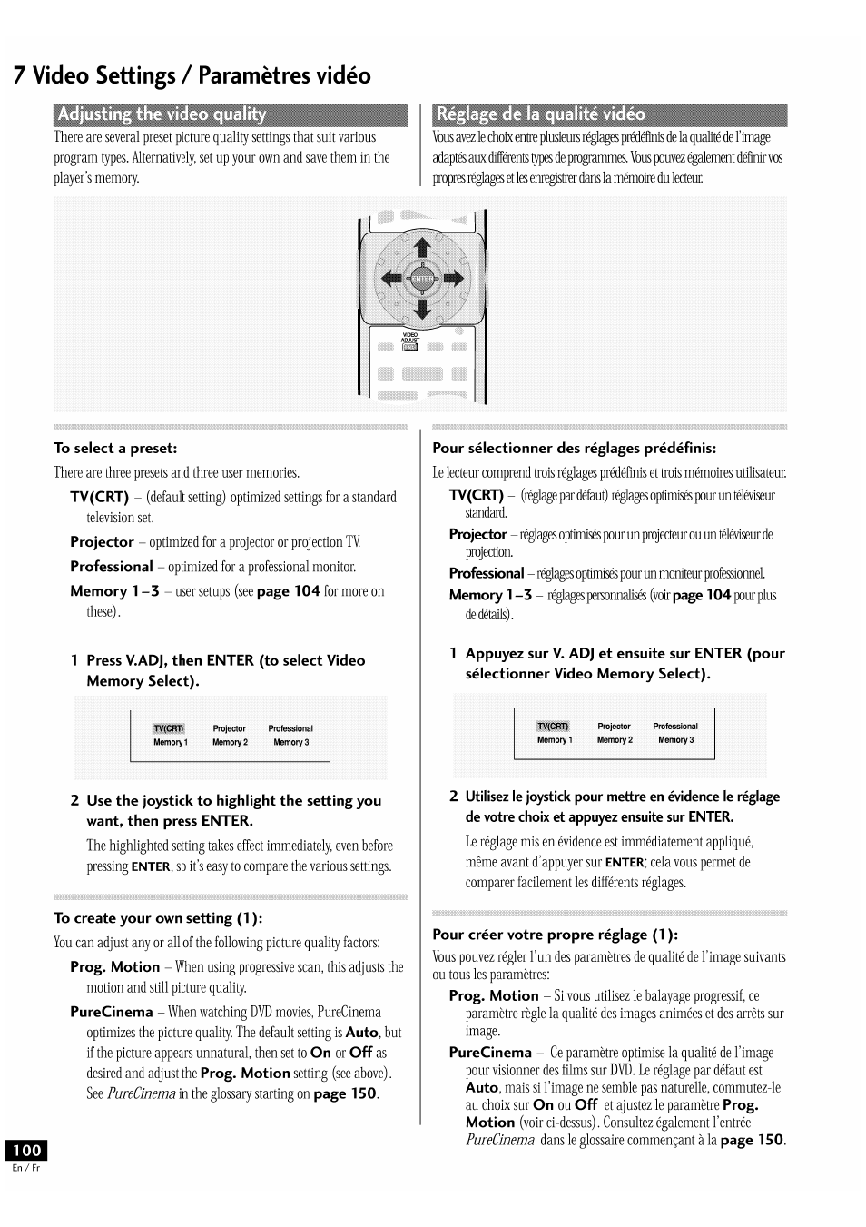 To select a preset, To create your own setting (1), Pour sélectionner des réglages prédéfinis | Pour créer votre propre réglage (1 ), 7 video settings / paramètres vidéo | Pioneer DV-939A User Manual | Page 100 / 168