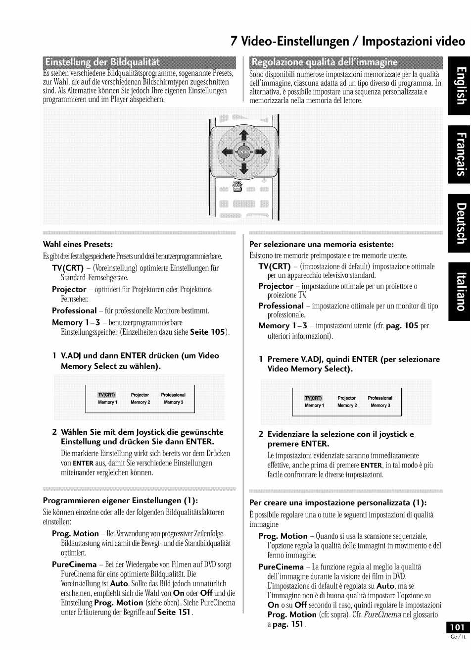Wahl eines presets, Programmieren eigener einstellungen (1), Per selezionare una memoria esistente | Per creare una impostazione personalizzata (1 ), 7 vìdeo-einstei i ungen / impostazioni vìdeo | Pioneer DV-939A User Manual | Page 101 / 168
