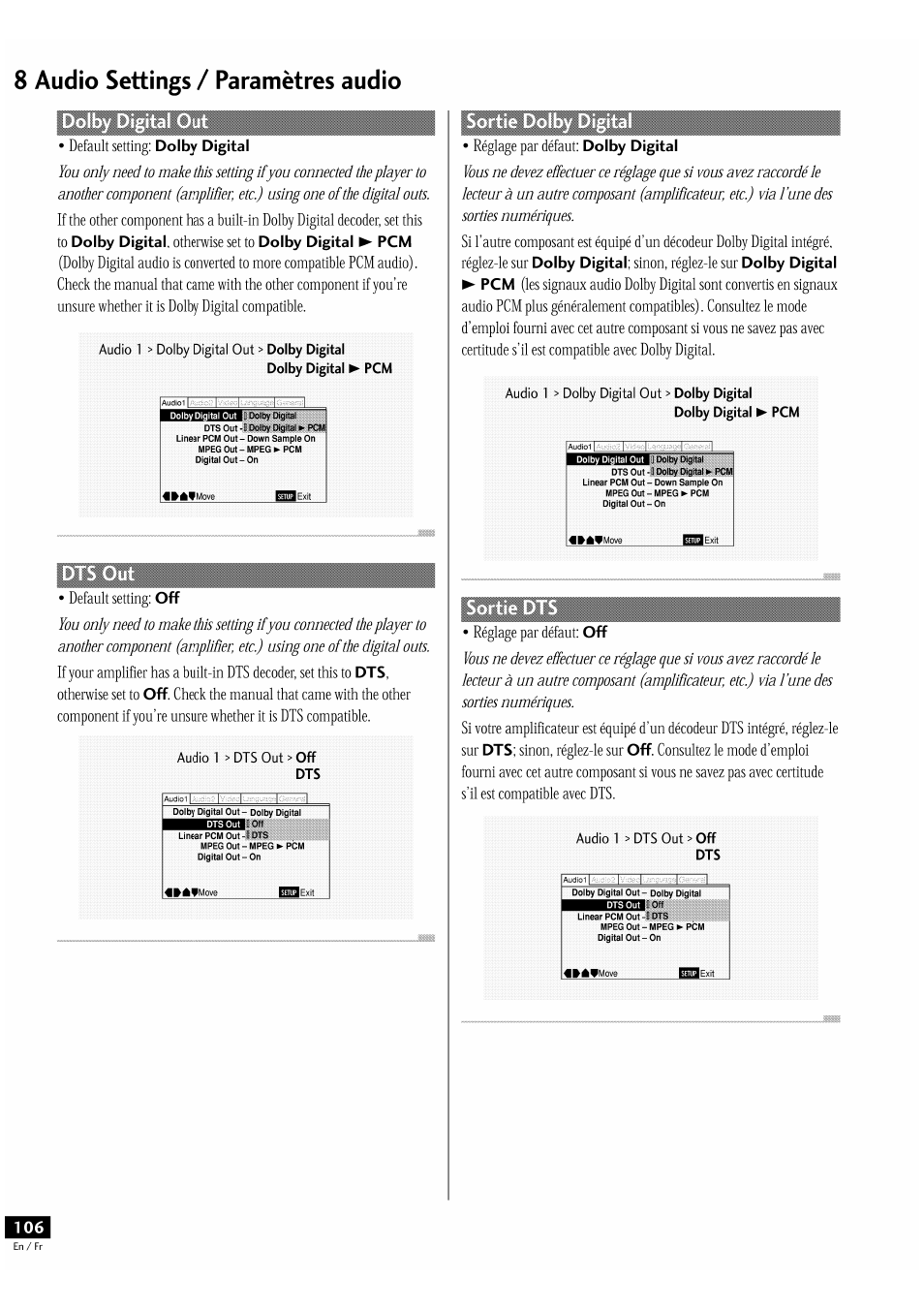 8 audio settings / paramètres audio | Pioneer DV-939A User Manual | Page 106 / 168