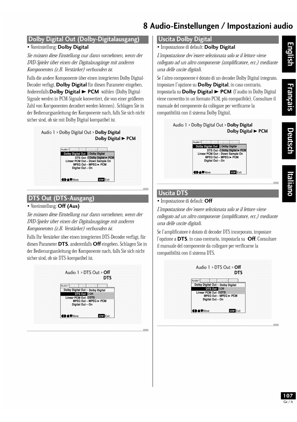 8 audio-einstellungen / impostazioni audio | Pioneer DV-939A User Manual | Page 107 / 168