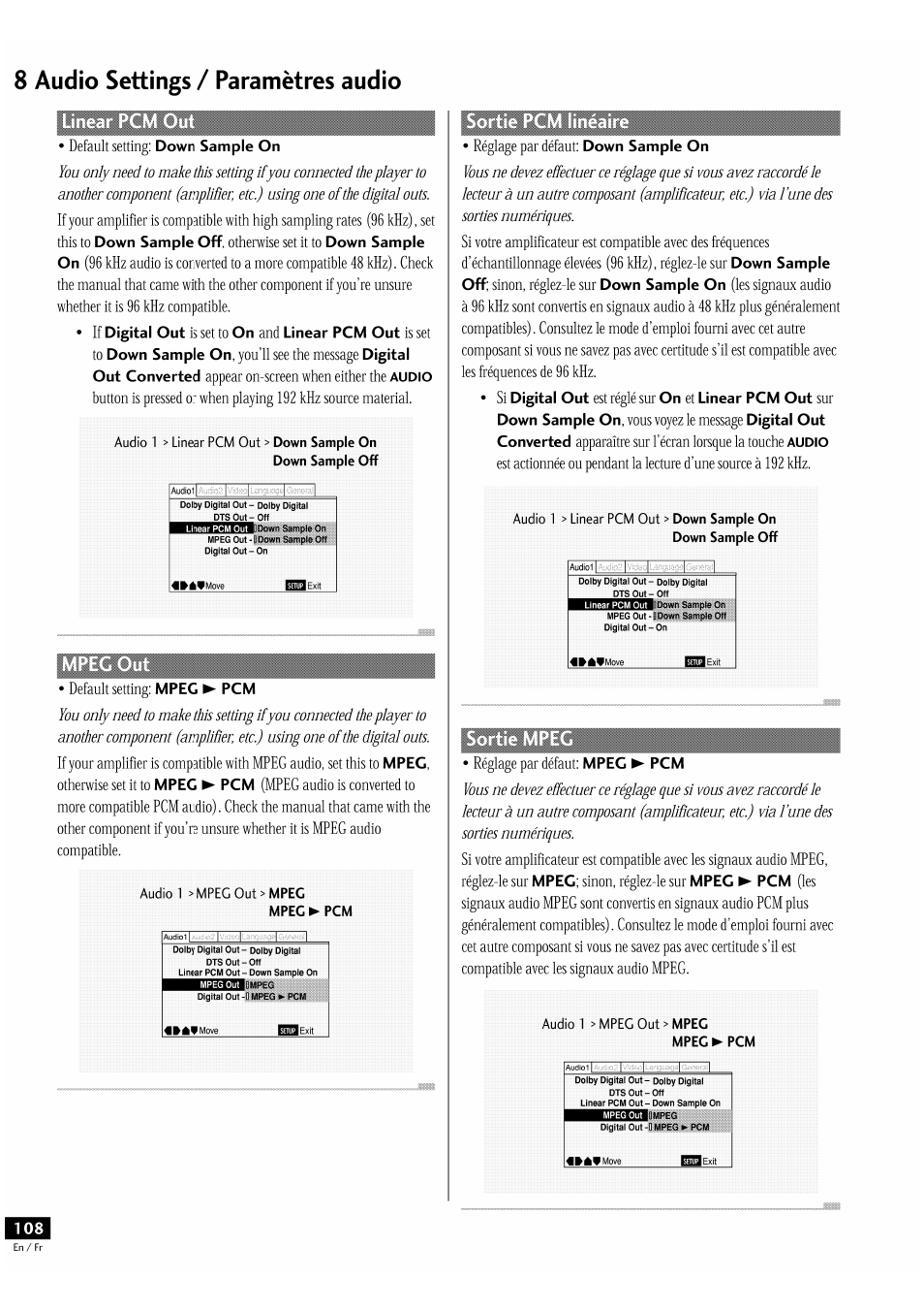 8 audio settings / paramètres audio | Pioneer DV-939A User Manual | Page 108 / 168