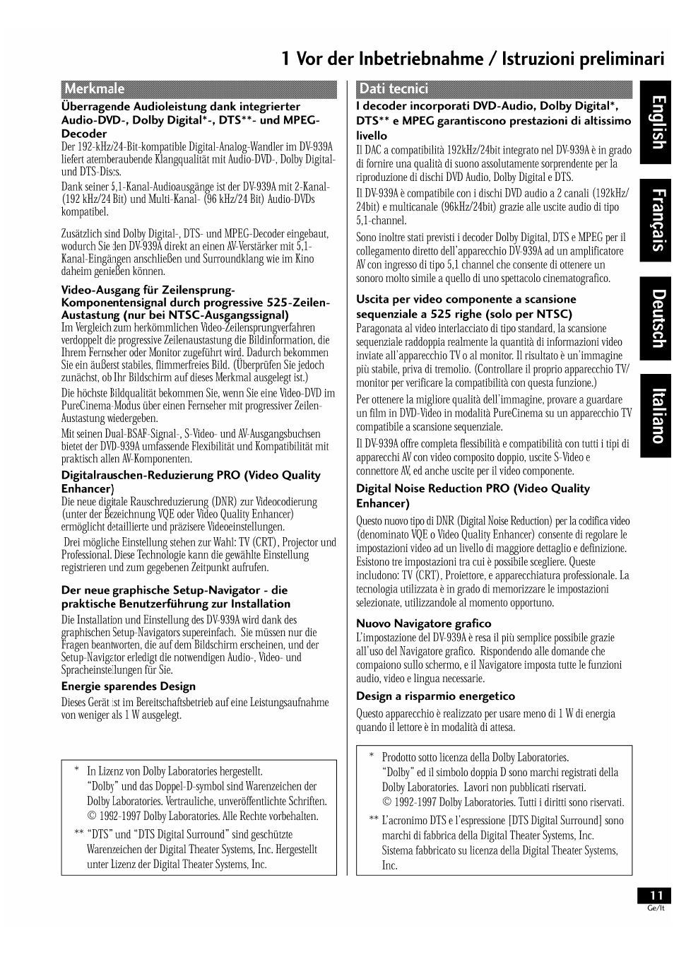 1 vor der inbetriebnahme / istruzioni preliminari | Pioneer DV-939A User Manual | Page 11 / 168