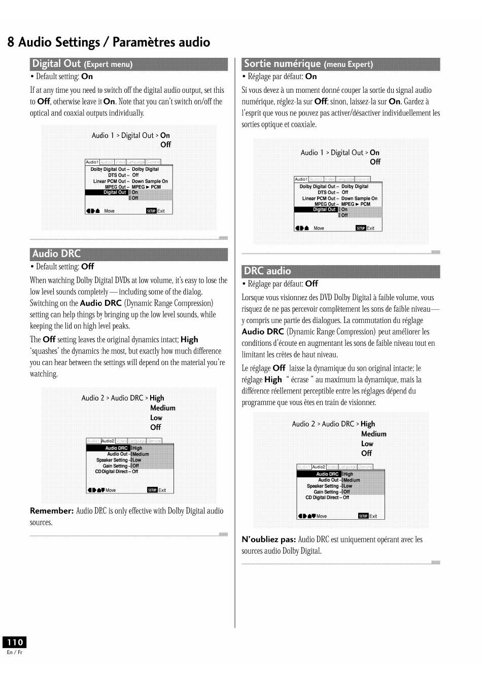 8 audio settings / paramètres audio | Pioneer DV-939A User Manual | Page 110 / 168