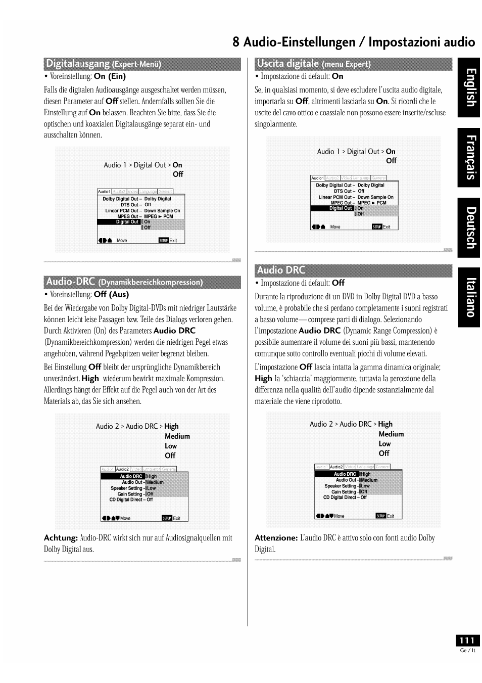 8 audio-einstellungen / impostazioni audio | Pioneer DV-939A User Manual | Page 111 / 168