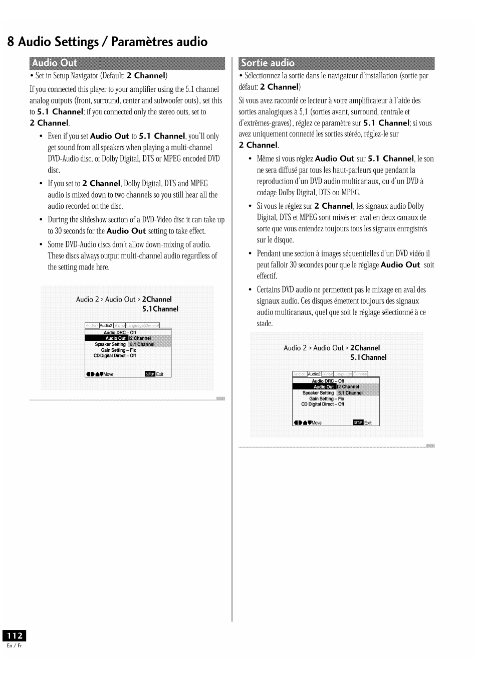 8 audio settings / paramètres audio | Pioneer DV-939A User Manual | Page 112 / 168