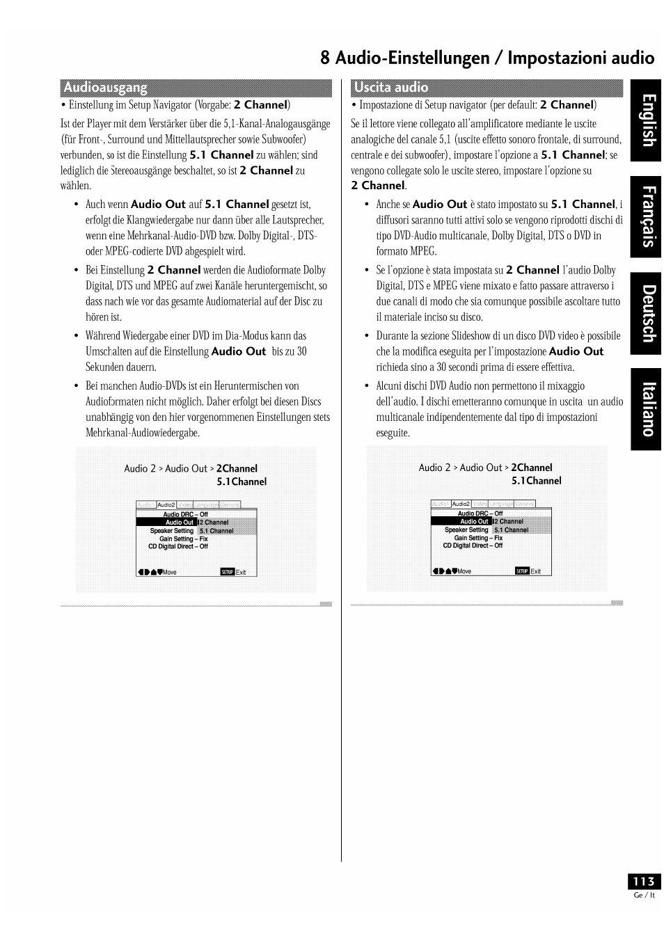 8 audío-eínstellungen / impostazioni audio | Pioneer DV-939A User Manual | Page 113 / 168