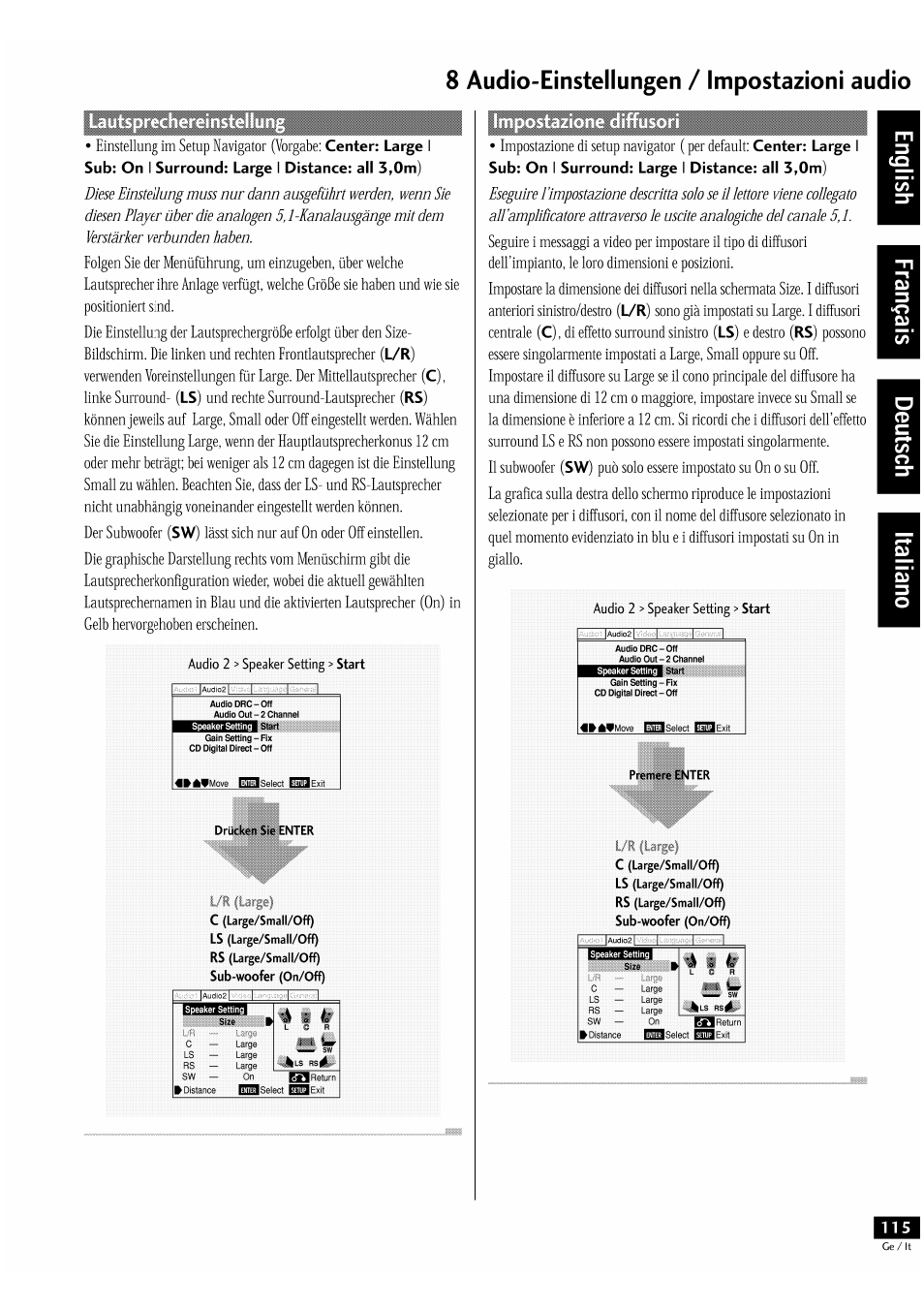 8 audío-eínstellungen / impostazioni audio, Center: large, Sub: on | Surround: large, Distance: all 3,0m), L/r) | Pioneer DV-939A User Manual | Page 115 / 168