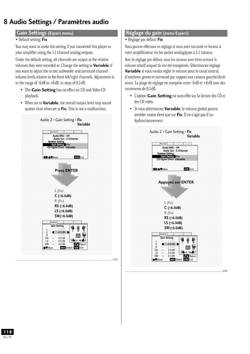 8 audio settings / paramètres audio, Réglage par défaut: fix, Variable | Cain setting, Gain setting | Pioneer DV-939A User Manual | Page 118 / 168