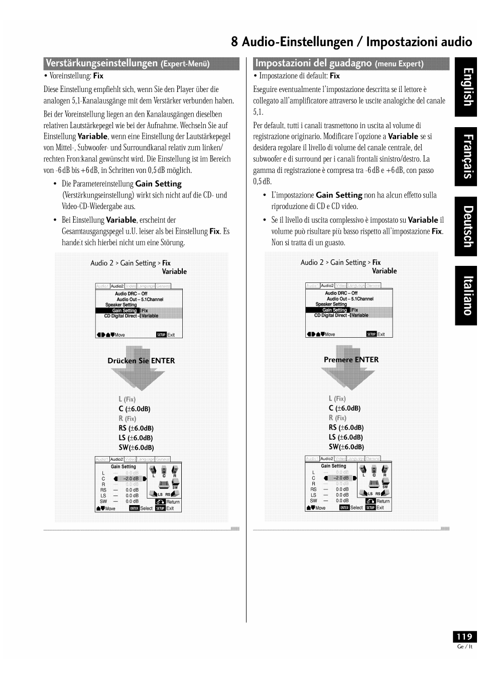 8 audio-einstellungen / impostazioni audio, Variable, Cain setting | Drückei enter, Gain setting | Pioneer DV-939A User Manual | Page 119 / 168