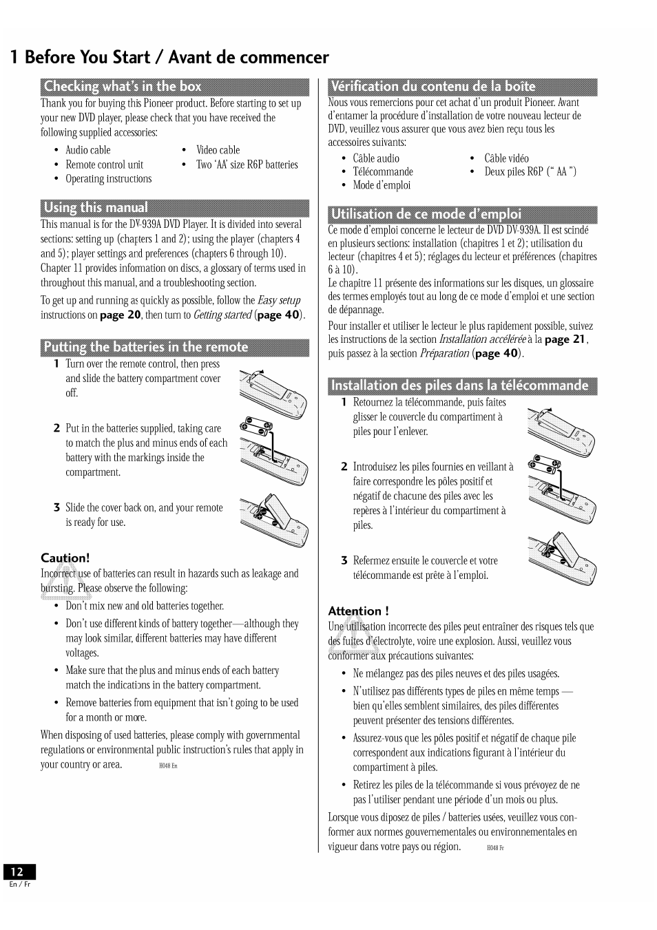 1 before you start / avant de commencer | Pioneer DV-939A User Manual | Page 12 / 168