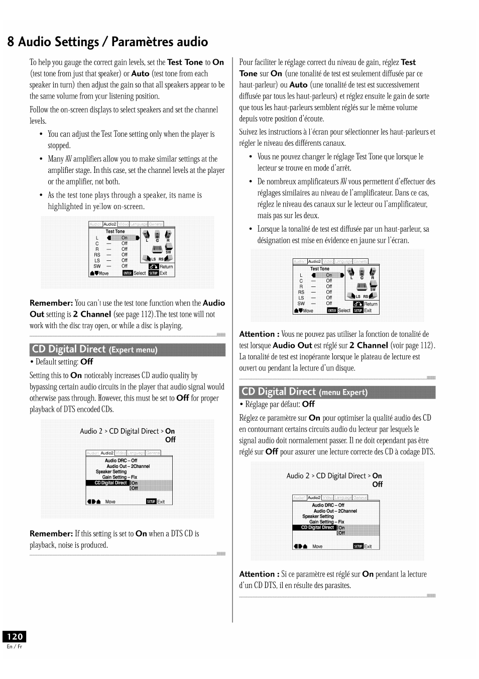8 audio settings / paramètres audio, Test tone, Auto | Remember, Audio out, 2 channel, Audio 2 > cd digital direct > on off, Attention | Pioneer DV-939A User Manual | Page 120 / 168