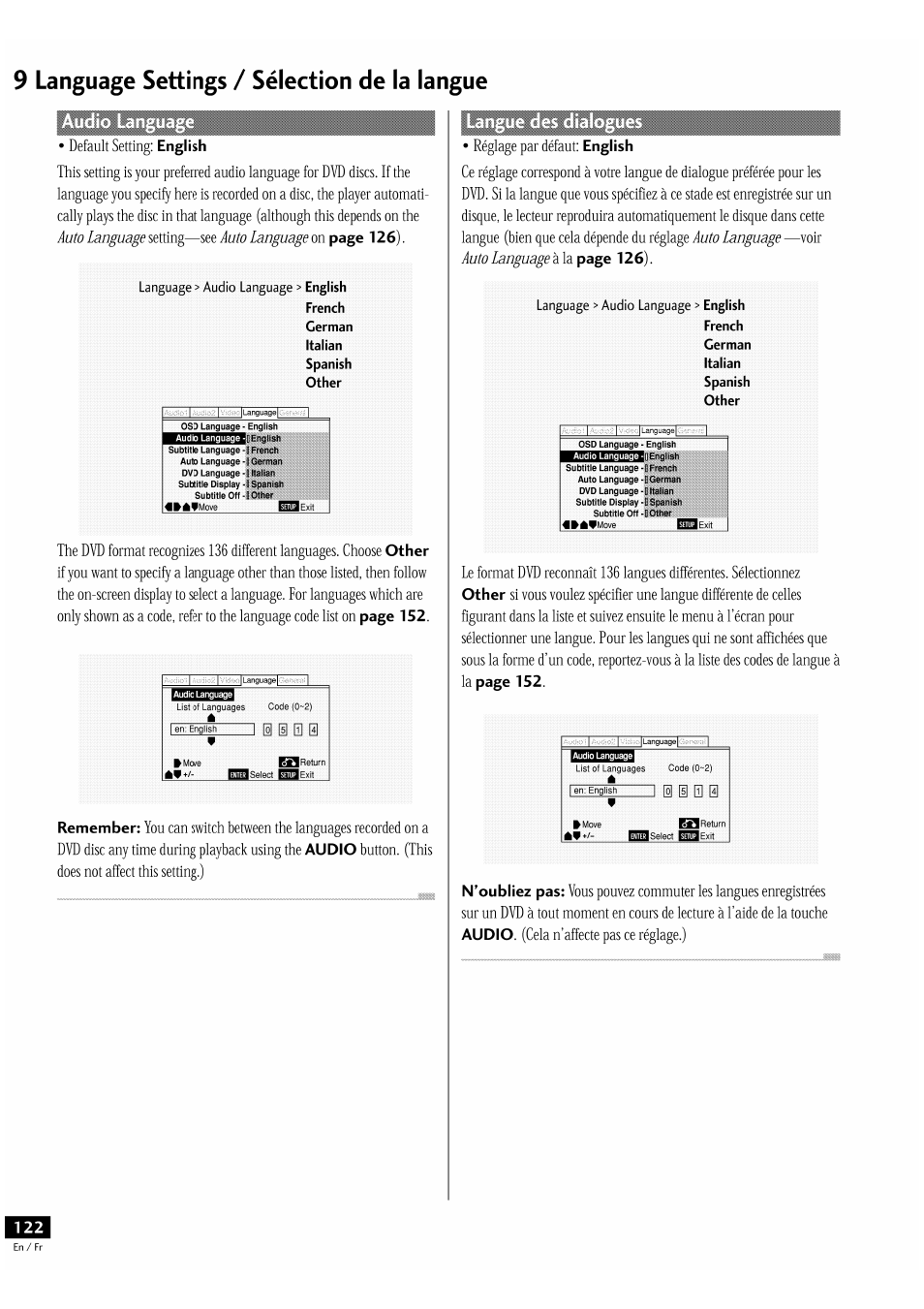 9 language settings / sélection de la langue, Réglage par défaut | Pioneer DV-939A User Manual | Page 122 / 168