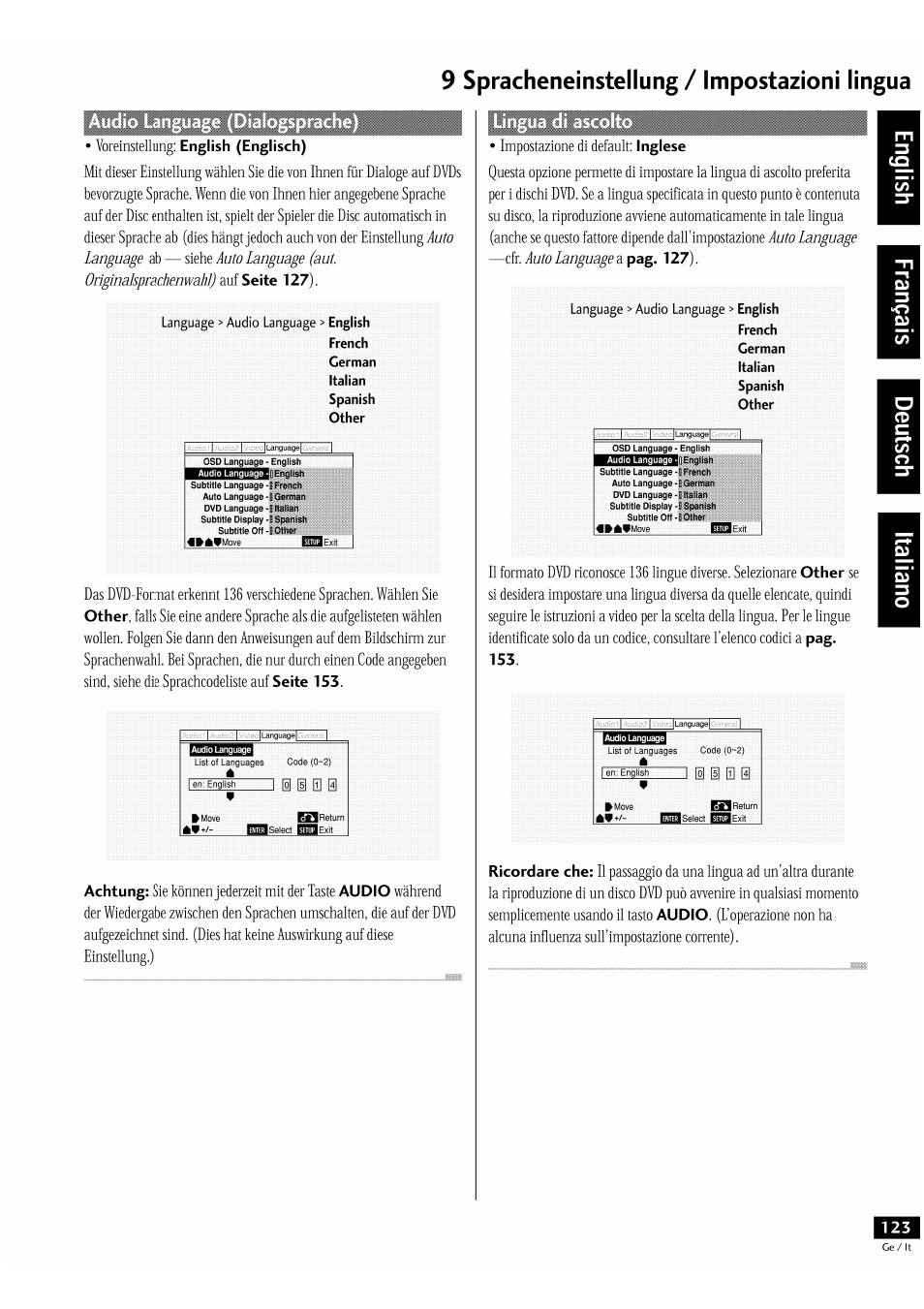9 spracheneinstellung / impostazioni lingua | Pioneer DV-939A User Manual | Page 123 / 168