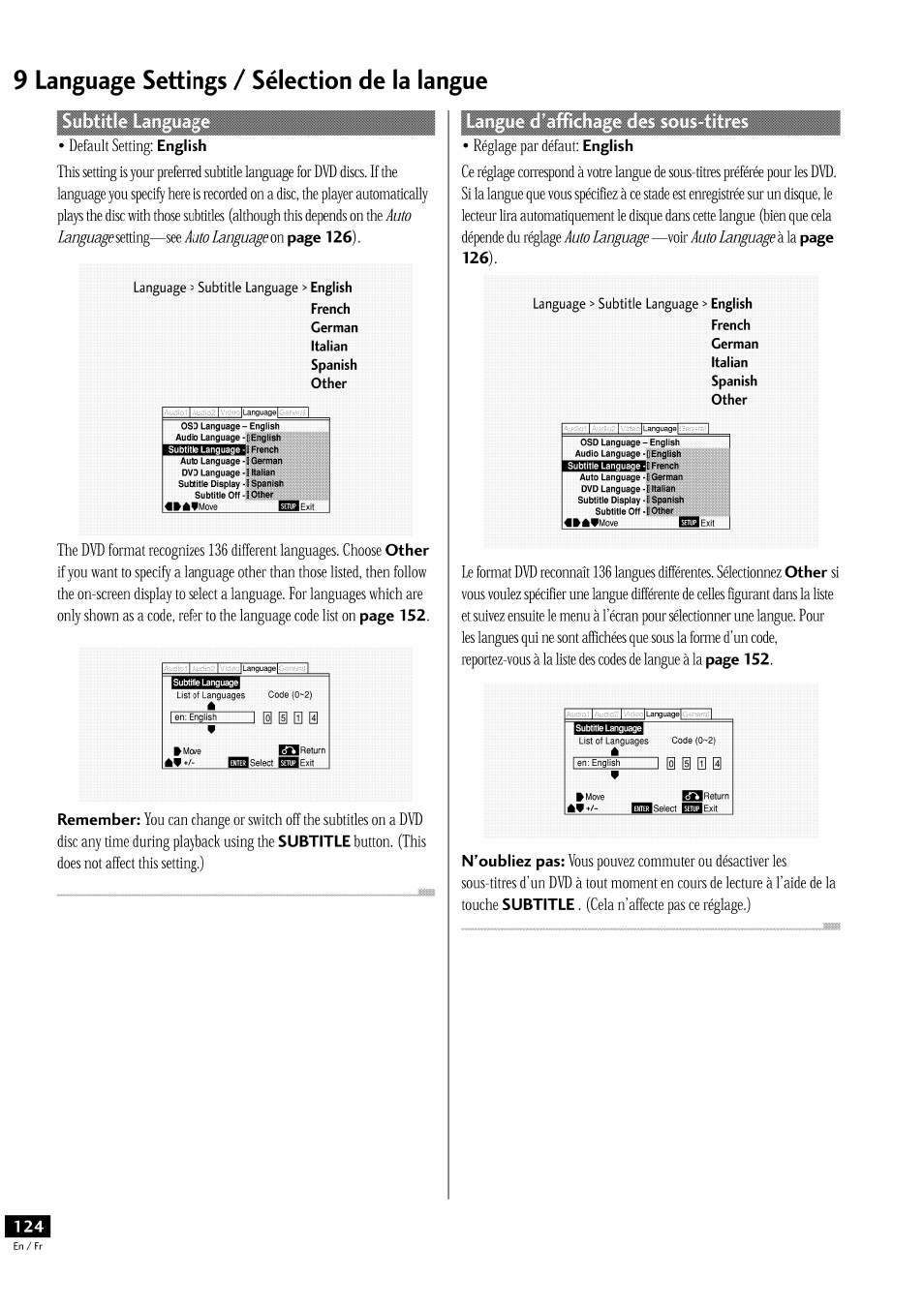 9 language settings / sélection de la langue, Réglage par défaut | Pioneer DV-939A User Manual | Page 124 / 168