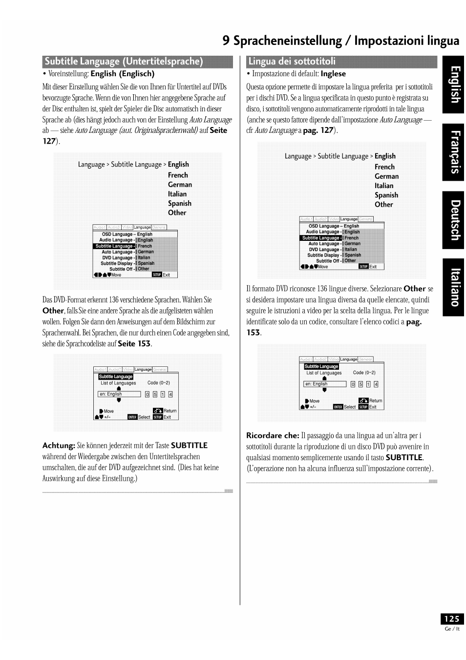 9 spracheneinstellung / impostazioni lingua, English (englisch), Seite 127) | Other, Seite 153, Achtung, Subtitle, Inglese, Pag. 127), Pag. 153 | Pioneer DV-939A User Manual | Page 125 / 168
