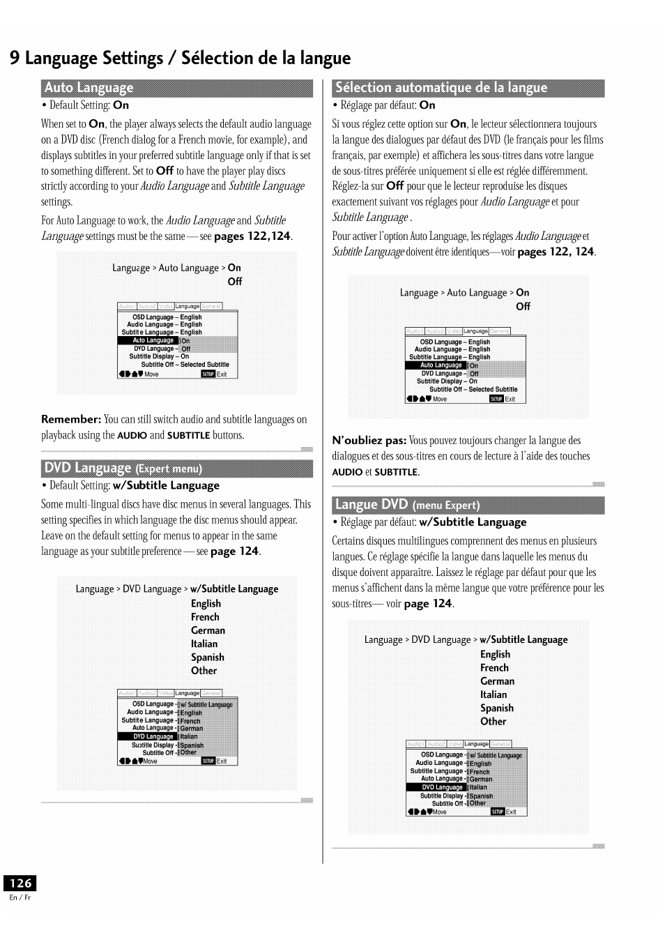 9 language settings / sélection de la langue | Pioneer DV-939A User Manual | Page 126 / 168
